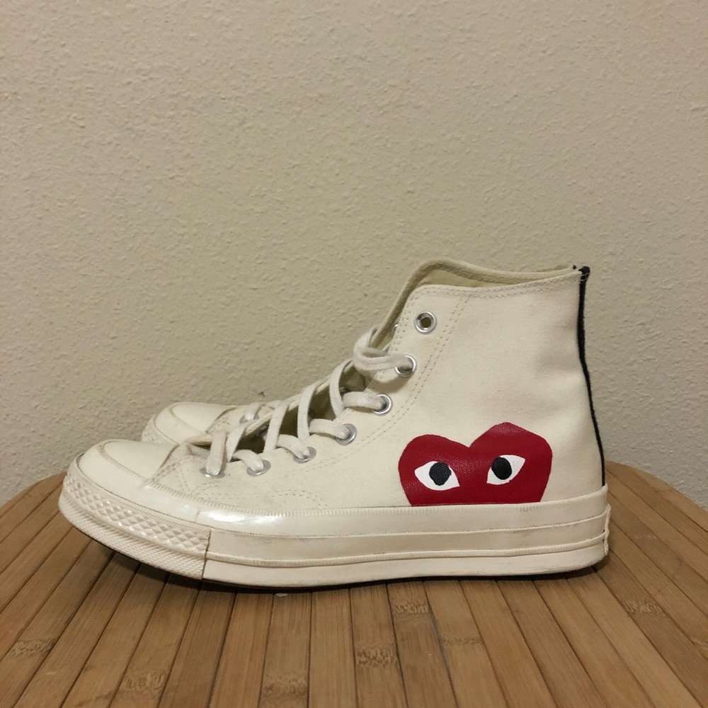 Converse Cream High-Top Sneakers with Red Heart Graphic